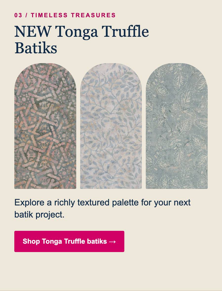 A portrait-oriented promotional graphic on a warm cream background shows three tall, rounded-top fabric swatches side by side in muted pink, pale blue...