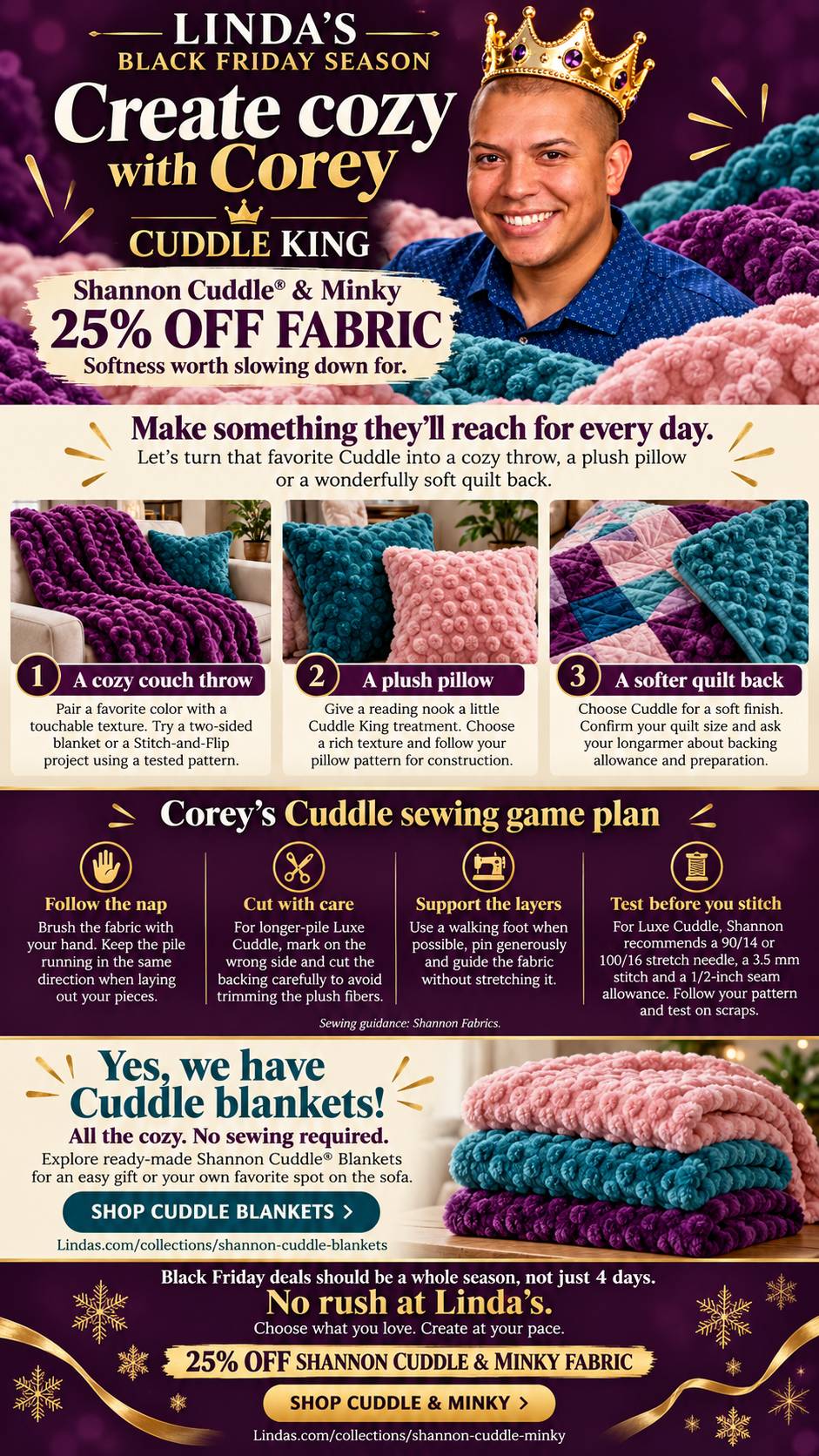 A tall, colorful Black Friday promotional graphic features a smiling man wearing a jeweled gold crown among thick, plush fabrics in purple, teal, and ...